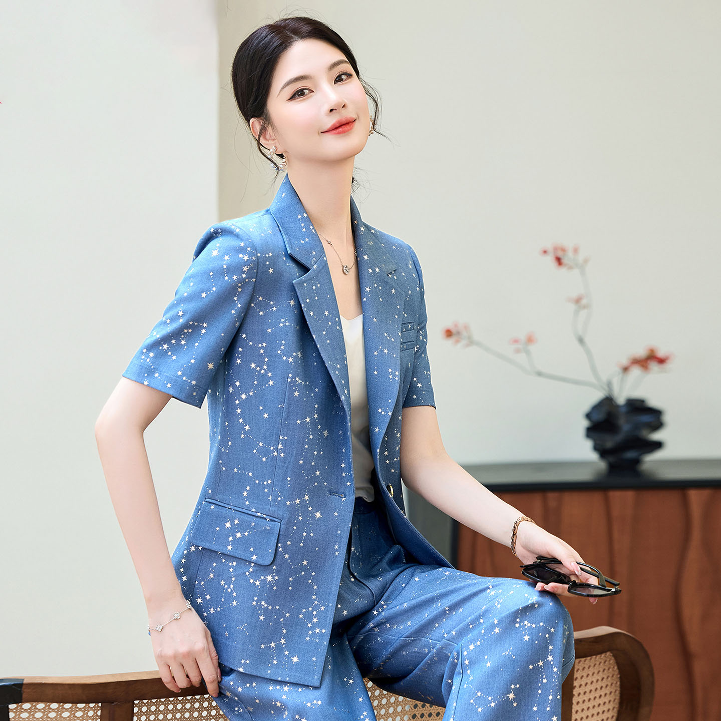 Women Formal Wear With Blazer - Fashion Blue Yellow Short Sleeve Professional
