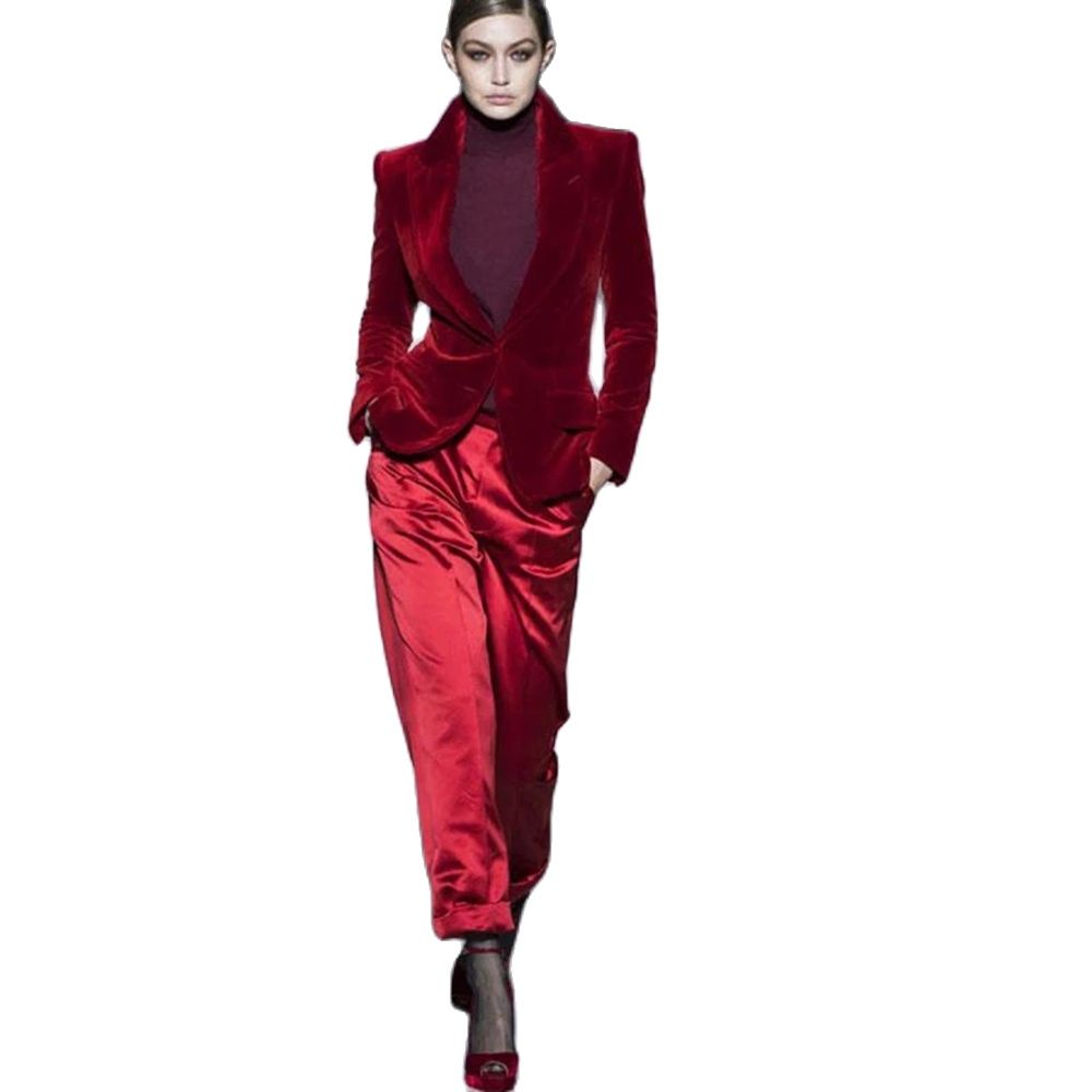 Women Formal Wear With Blazer - Women Pant Suits Wine Red Velvet