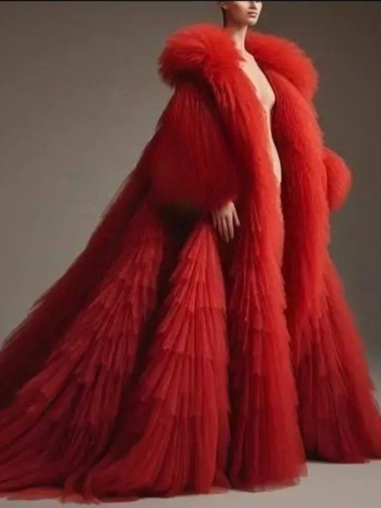 Red Fluffy Pleated Ruffled Lon - огляд і ціна Women'S Red Formal Wear